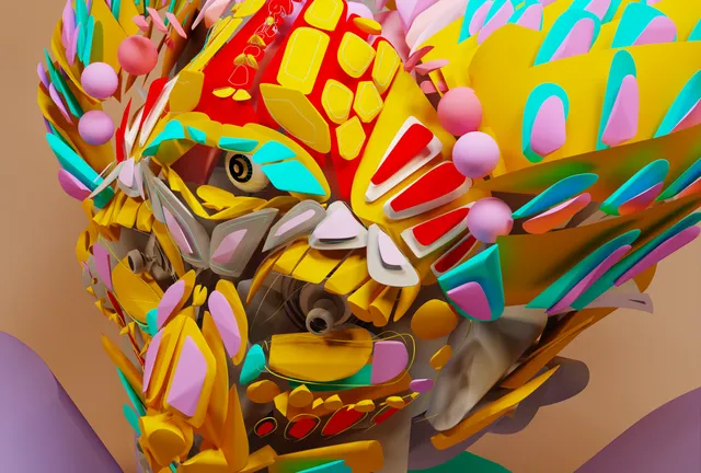 Close-up 3D render of a colorful psychedelic mask made of intricate yellow, red, cyan, and pink geometric shapes
