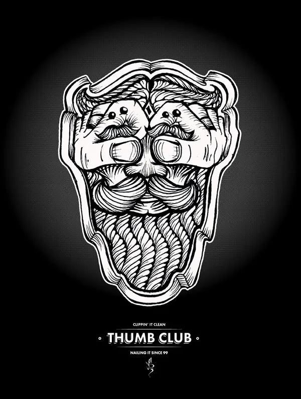 Black and white illustration of a symmetrical bearded face formed by two hands above the text Thumb Club