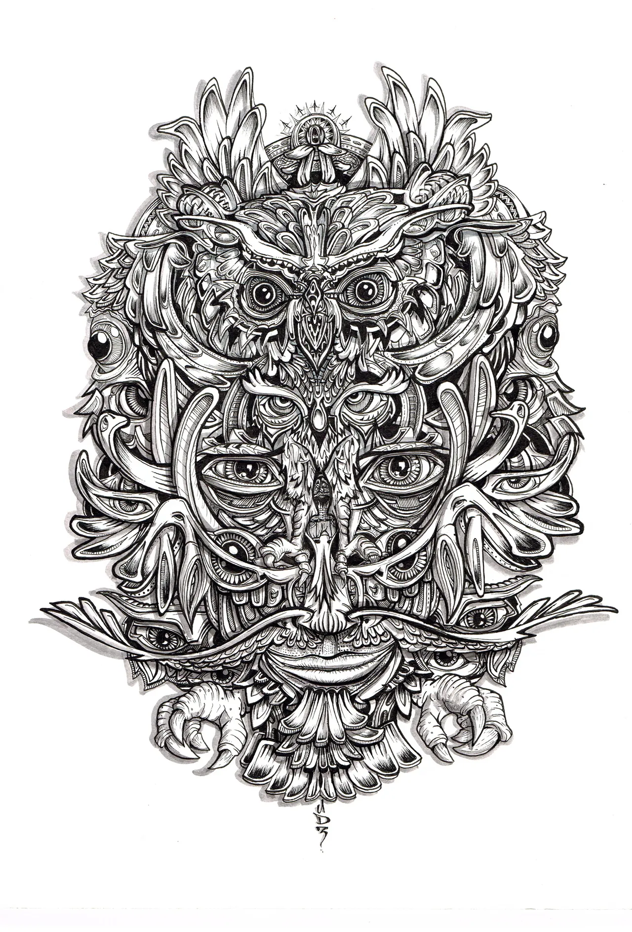 Black and white ink drawing of a symmetrical psychedelic animal mask combining an owl, human eyes, feathers and claws