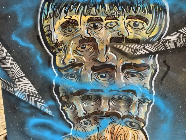 Psychedelic mural of a face with vertically stacked repeating eyes and mustaches, accented by blue spray paint