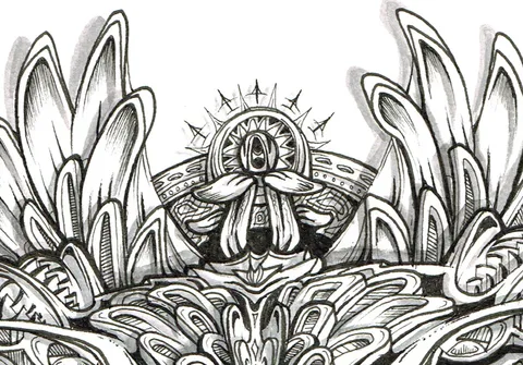 Symmetrical black and white ink drawing of an abstract totemic mask with intricate wing motifs and a spiked halo