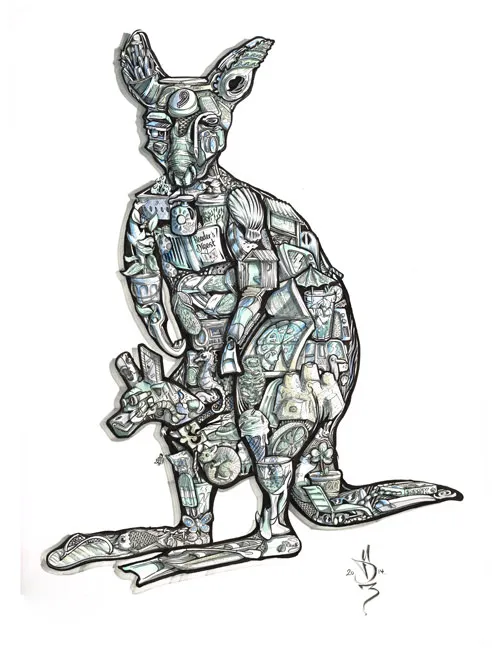 Beach house mascot kangaroo illustration commissioned surreal intricate drawing as gift