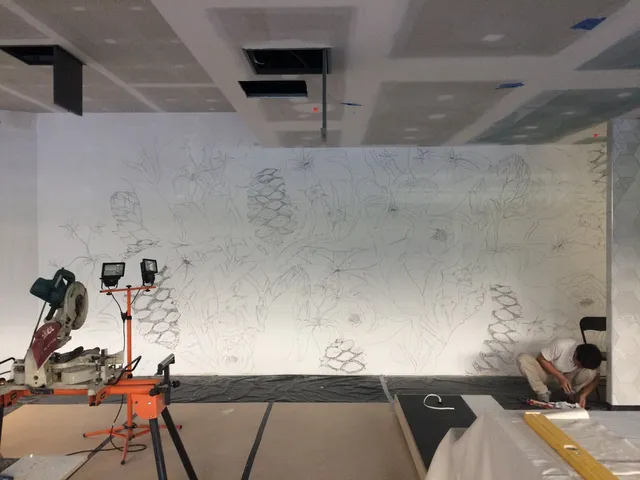 Outline sketch for a botanical mural on a white wall in a room under construction, with tools and a kneeling worker