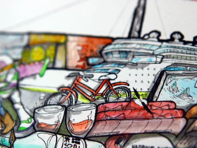 Ink and marker illustration detail of a cruise ship, an orange bicycle, two glasses, and a red kayak