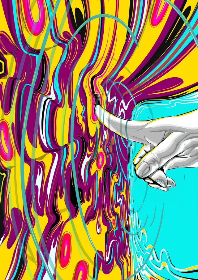 Illustration of a white hand touching a swirling psychedelic liquid background of yellow and purple, creating cyan ripples