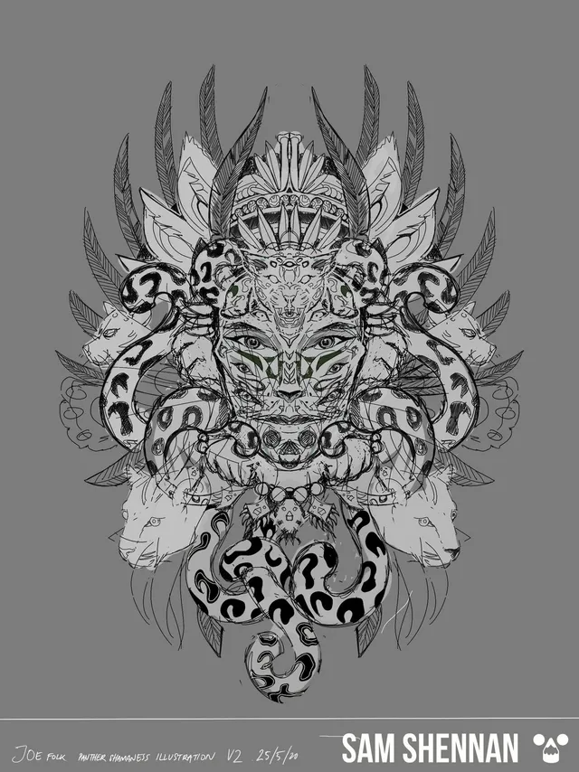 Line sketch of a symmetrical shaman face intertwined with snow leopard heads, spotted tails, and feathers