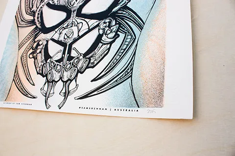 Print on paper featuring a bold ink illustration of a mechanical Spider-Man mask with gas mask details