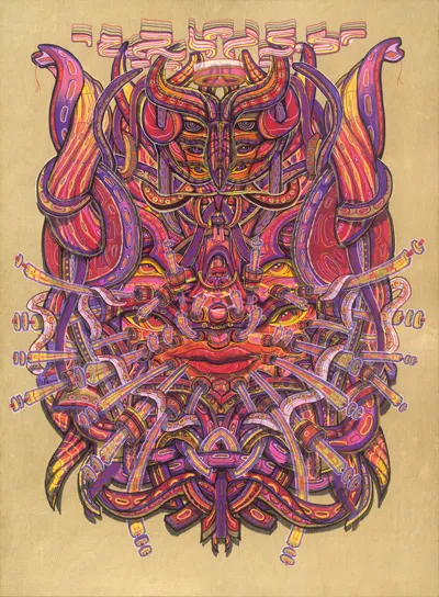 Psychedelic illustration of a symmetrical totemic face with multiple eyes, horns, and tentacles in purple and red" (114