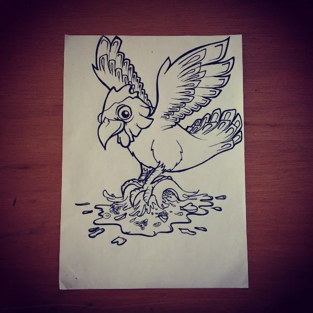 Bold ink drawing on paper of a stylized bird with raised wings clutching a tentacle in a splashing puddle