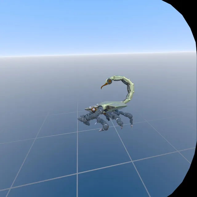 3D VR sculpt of a pale green mechanical scorpion with an arched tail on a gridded virtual floor