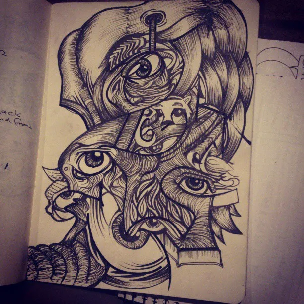 Sketchbook ink drawing of a psychedelic composition featuring intertwined shapes, bold lines, and multiple eyes