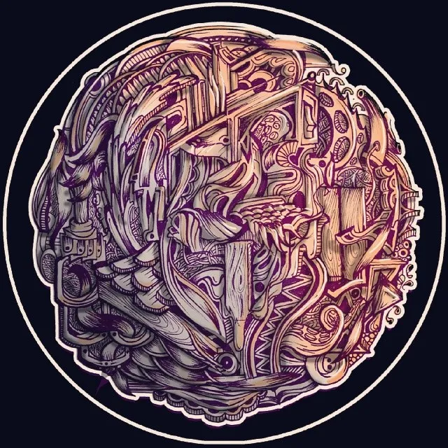 Circular illustration featuring intricate, psychedelic interlocking organic and geometric forms in purple and cream
