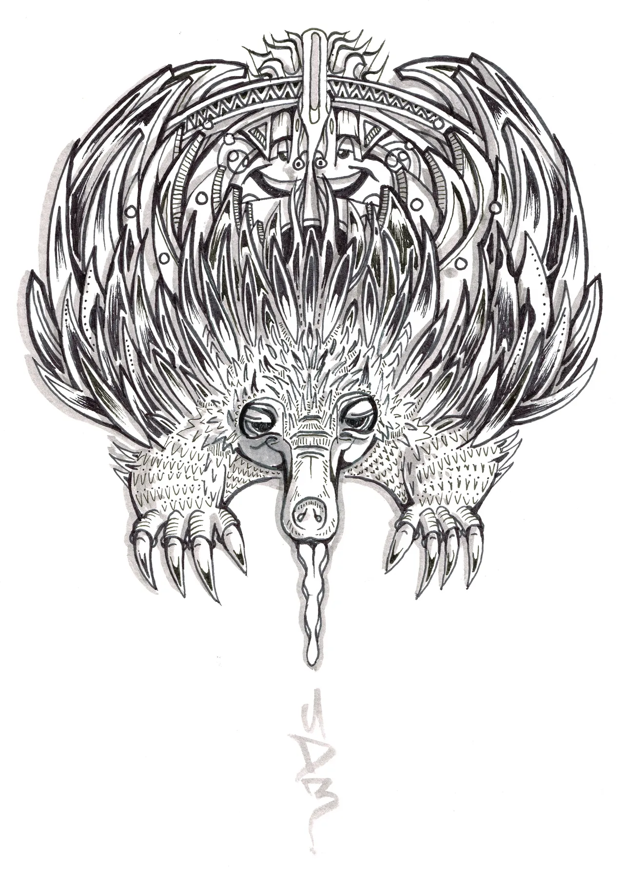 Symmetrical black ink drawing of a stylized echidna featuring bold line work and intricate totemic patterns