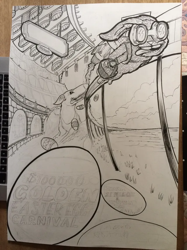 Ink drawing on paper of a greyhound chasing a goggled mechanical rabbit on a track, dropping Easter eggs