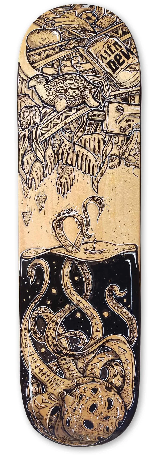 Handpainted skateboard graphic octopus intricate illustration