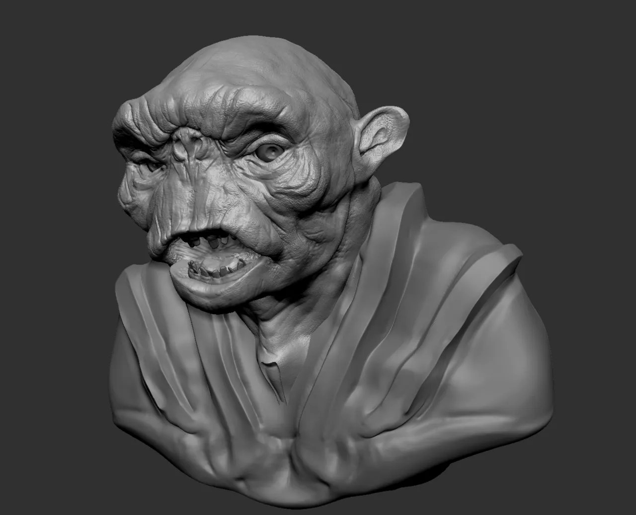 3D sculpt of a grotesque humanoid bust with wrinkled skin, a heavy brow and jagged teeth