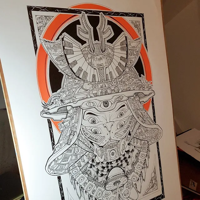 Poster with intricate black line art of a multi-eyed face in a detailed samurai helmet against an orange circle