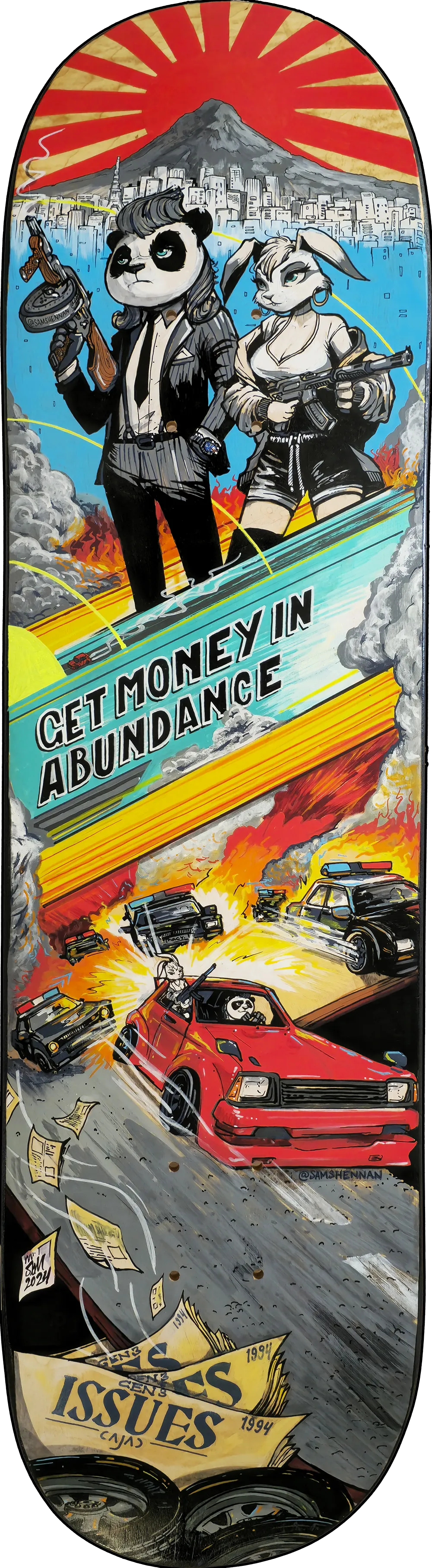 Painted skateboard featuring an armed panda and rabbit above a fiery police car chase and text GET MONEY IN ABUNDANCE