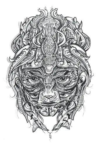 Black and white line drawing of a symmetrical totemic mask with multiple eyes and a reptilian headdress
