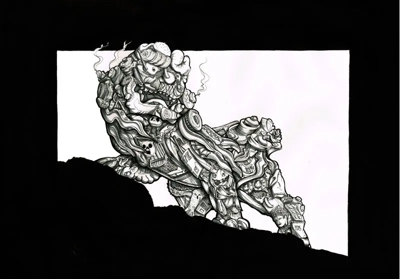 Ink drawing of a mythical guardian lion made of dense psychedelic objects including skulls, an owl, and spray cans