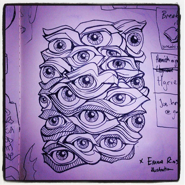 Sketchbook ink drawing of a dense, overlapping cluster of staring eyes with bold line work