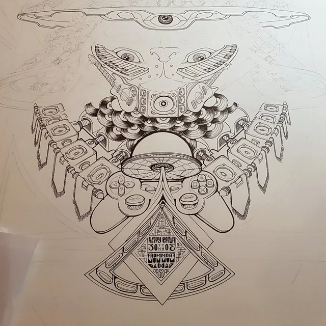 Symmetrical ink drawing of a totemic face formed by game controllers, speakers, vinyl records, and keyboards