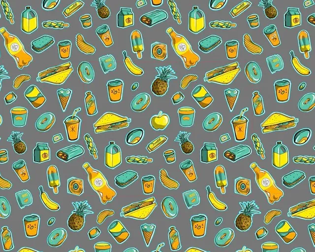 Repeating pattern used on the vehicle wrap, featuring all kinds of snacks and convenience treats