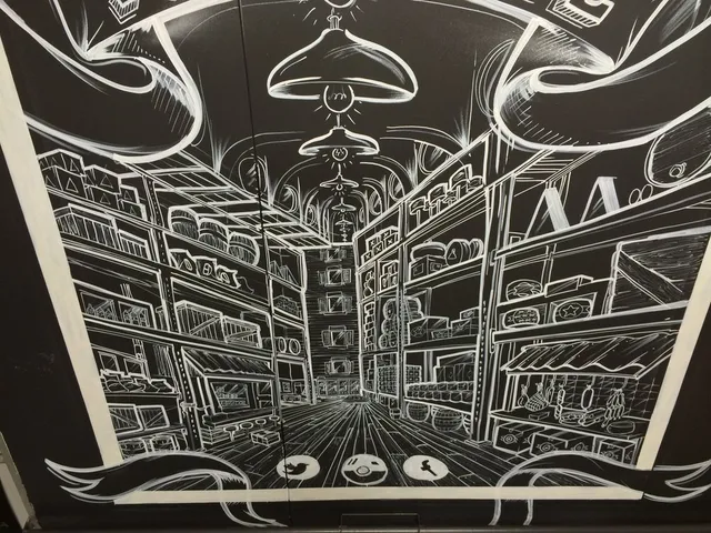 Bold white line mural on black depicting a one-point perspective market aisle with shelves of crates and hanging lights