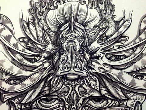 Black ink drawing of a symmetrical lionfish shaman mask with intricate fins, coral, and multiple eyes