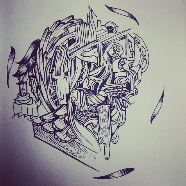 Psychedelic ink drawing of a surreal floating structure merging stairs, tentacles, and bold organic lines