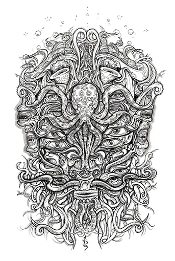 Black and white ink drawing of a symmetrical psychedelic mask formed by an octopus, weaving tentacles and multiple eyes