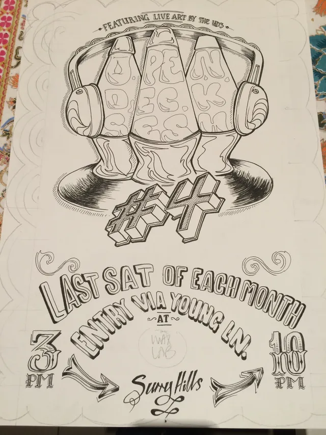 Ink drawing of a poster featuring three lava lamps wearing headphones on a vinyl record above hand-lettered typography