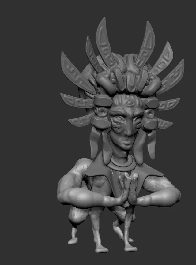 3D sculpt of a multi-armed Aztec shaman with a third eye, geometric headdress, and spindly animal legs