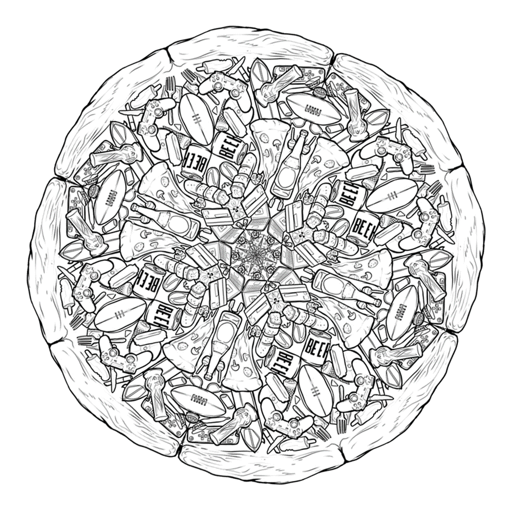 Black and white line drawing of a pizza mandala filled with beer cans, game controllers, footballs and bongs