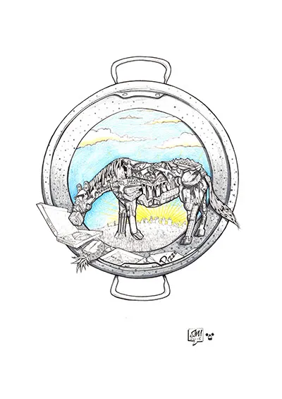 Ink illustration of a mechanical horse eating from a pizza box framed by a round cooking pot