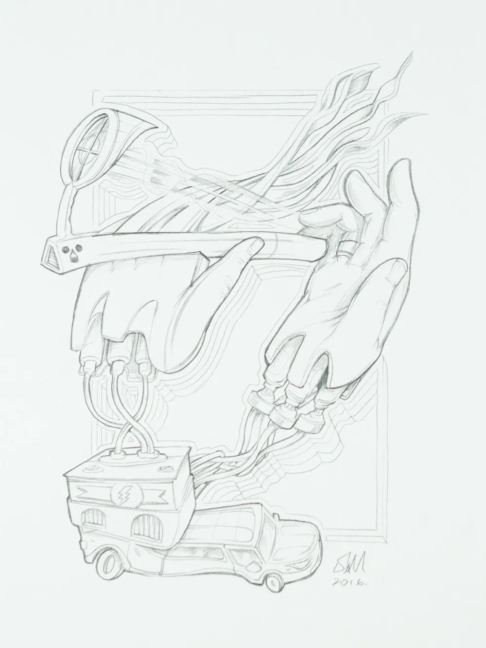 Pencil sketch of disembodied hands wired to a van's power box, holding a smoking tool against offset background lines