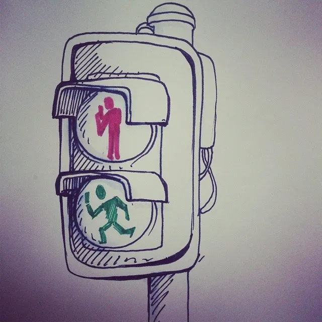 Ink sketch of a pedestrian traffic light with a pink figure giving the middle finger and a green running figure