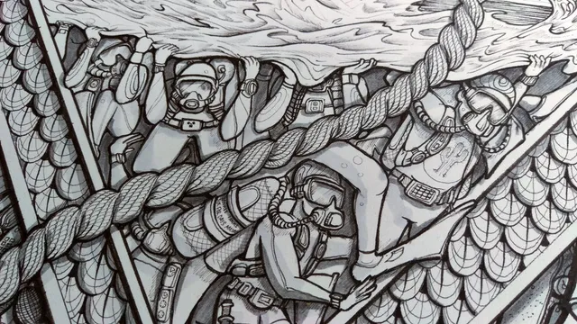 close up of scuba divers in black and white ink on illustrated surreal poster design