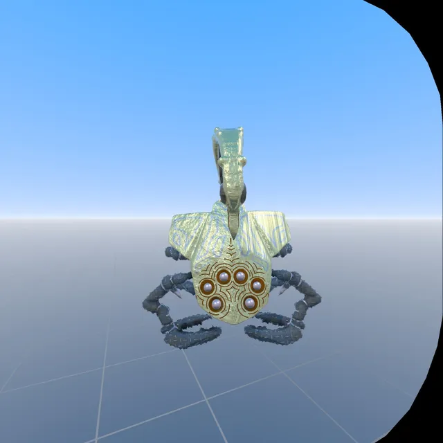 3D VR sculpt of a stylized scorpion with a pale gold, symmetrical carapace and pearl-like spheres on a virtual grid