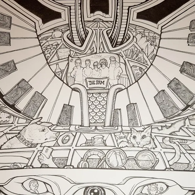 Intricate ink drawing of a sci-fi interior with a central family portrait, a dog named Rocky, and a cat named Dallas