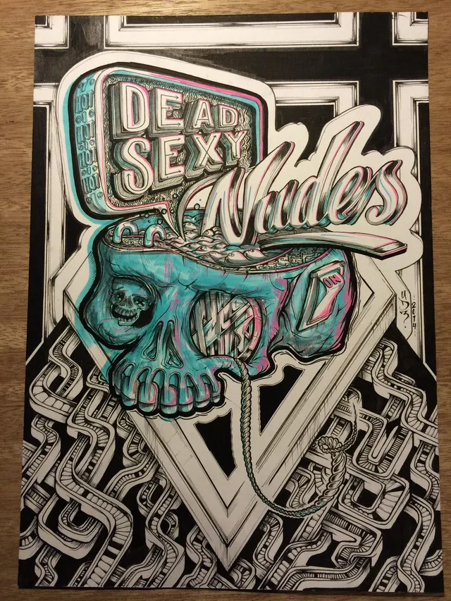 Ink drawing of a mechanical skull with cyan and pink 3D effects and a speech bubble reading DEAD SEXY Nudes