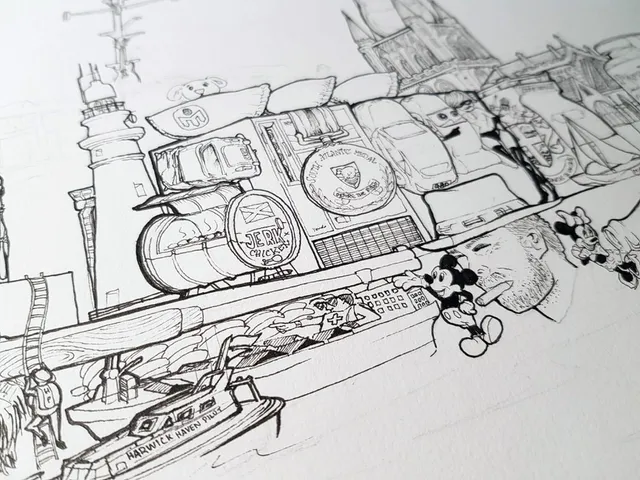 Detailed ink drawing collage combining a pilot boat, lighthouse, jerk chicken barrel, medal, and Mickey Mouse