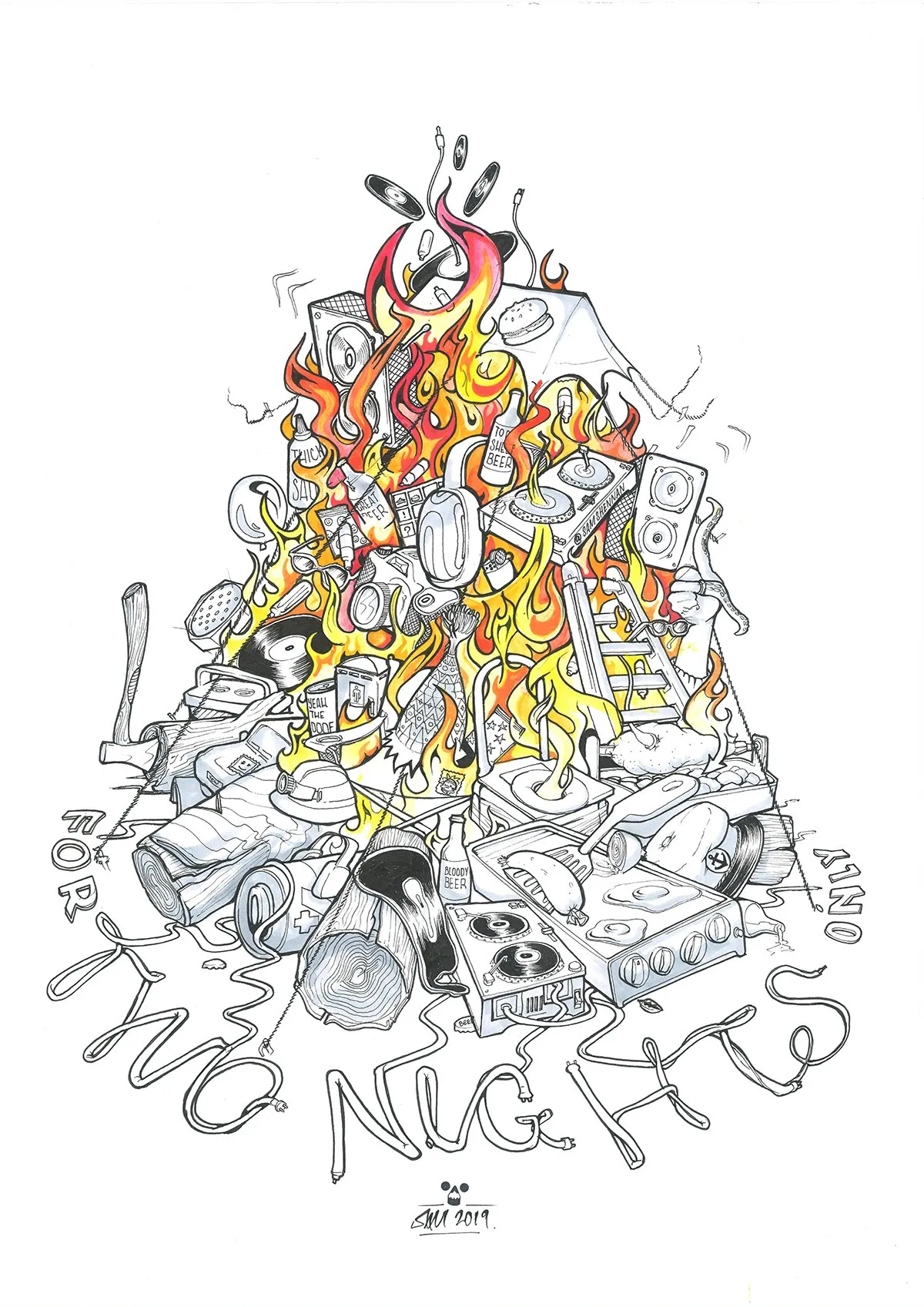 Ink drawing of a bonfire made from speakers, records, a grill, and logs, with the text FOR TWO NIGHTS ONLY