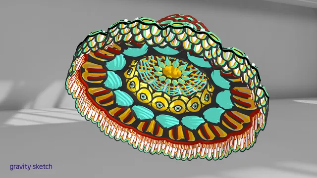 3D render of a psychedelic crown viewed from below, featuring concentric rings of yellow eyes and turquoise patterns