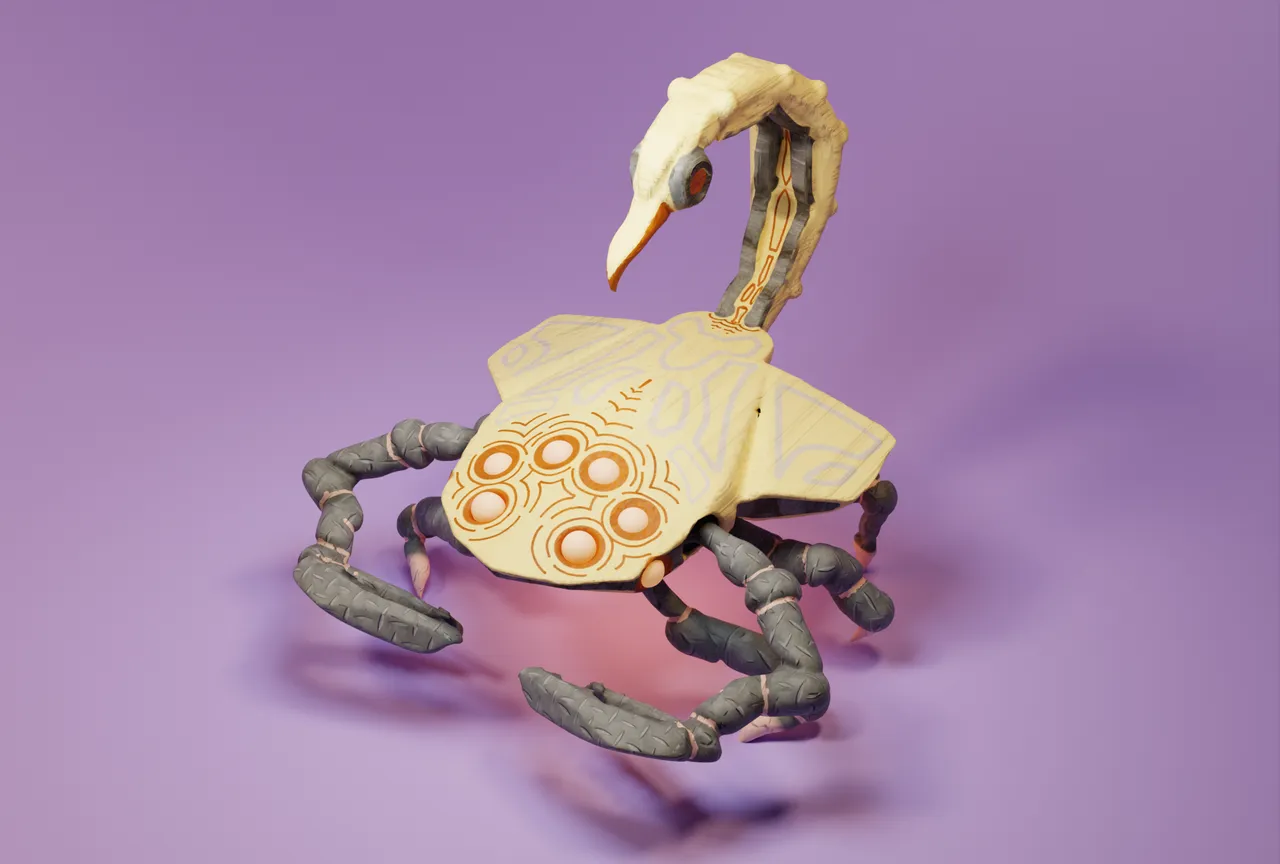 3D render of a totemic scorpion hybrid with a patterned shell and a tail ending in a bird's head