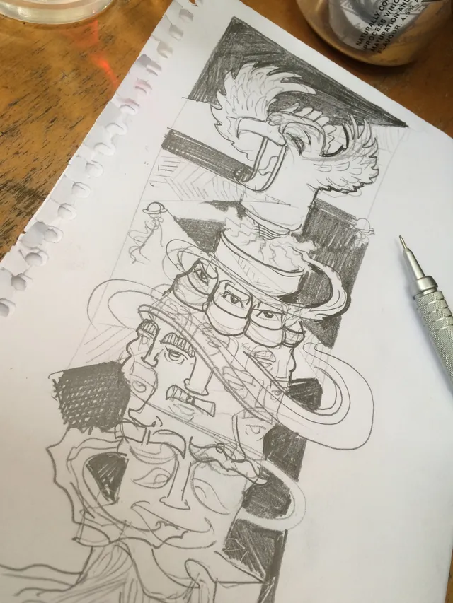 Pencil sketch on torn notebook paper showing a totemic stack of stylized faces and a bird