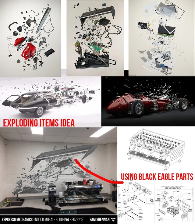 Mural concept board showing exploded object references, machine diagrams, and an exploded espresso machine mural mockup