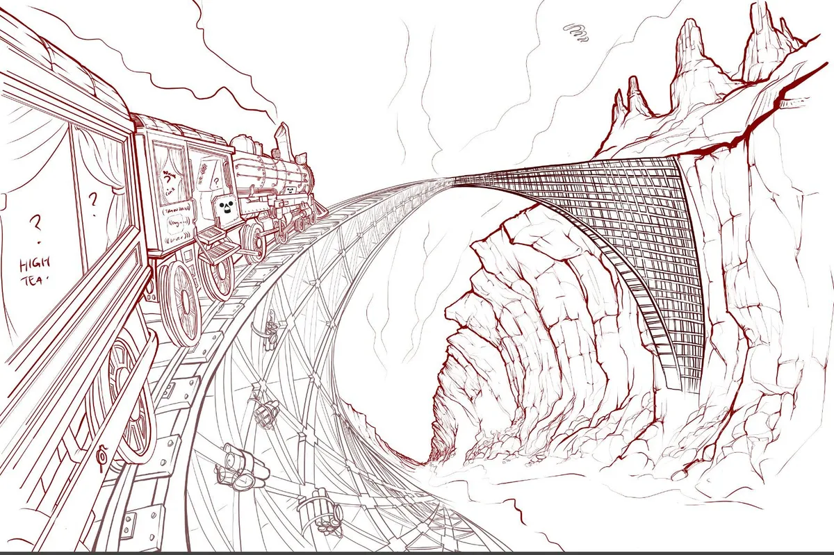 Red line drawing of a steam train on a sweeping curved bridge over a rocky canyon