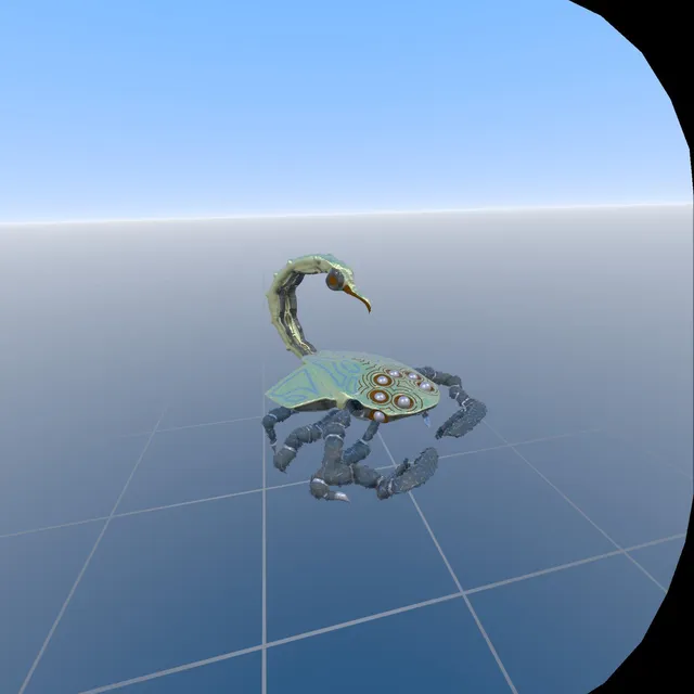 3D VR sculpt of a stylized scorpion with multiple eyes on its carapace over a gridded floor