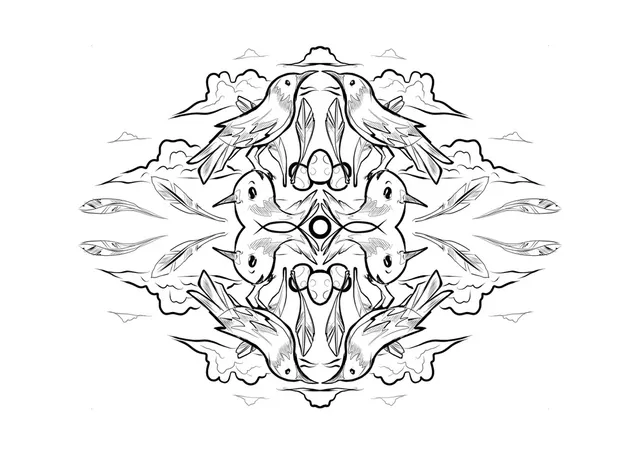 Black and white line drawing of a symmetrical mandala featuring mirrored birds, eggs, feathers, and clouds